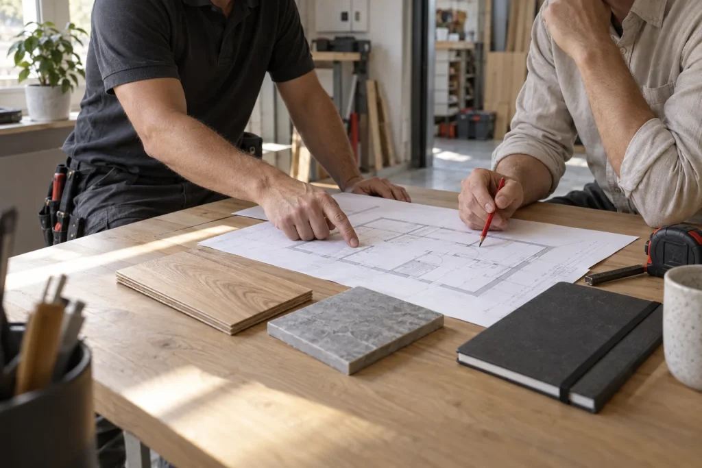 Två personer planerar ett golvprojekt med ritning och materialprover.
